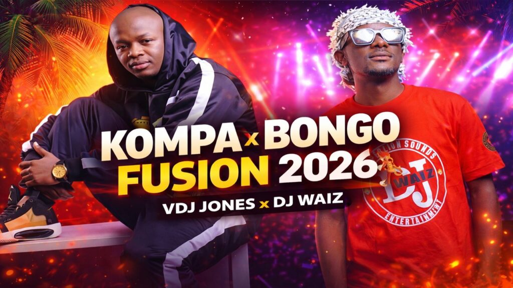 KOMPA x BONGO FUSION 2026 DJ poster featuring VDJ Jones and DJ Waiz tropical party mix