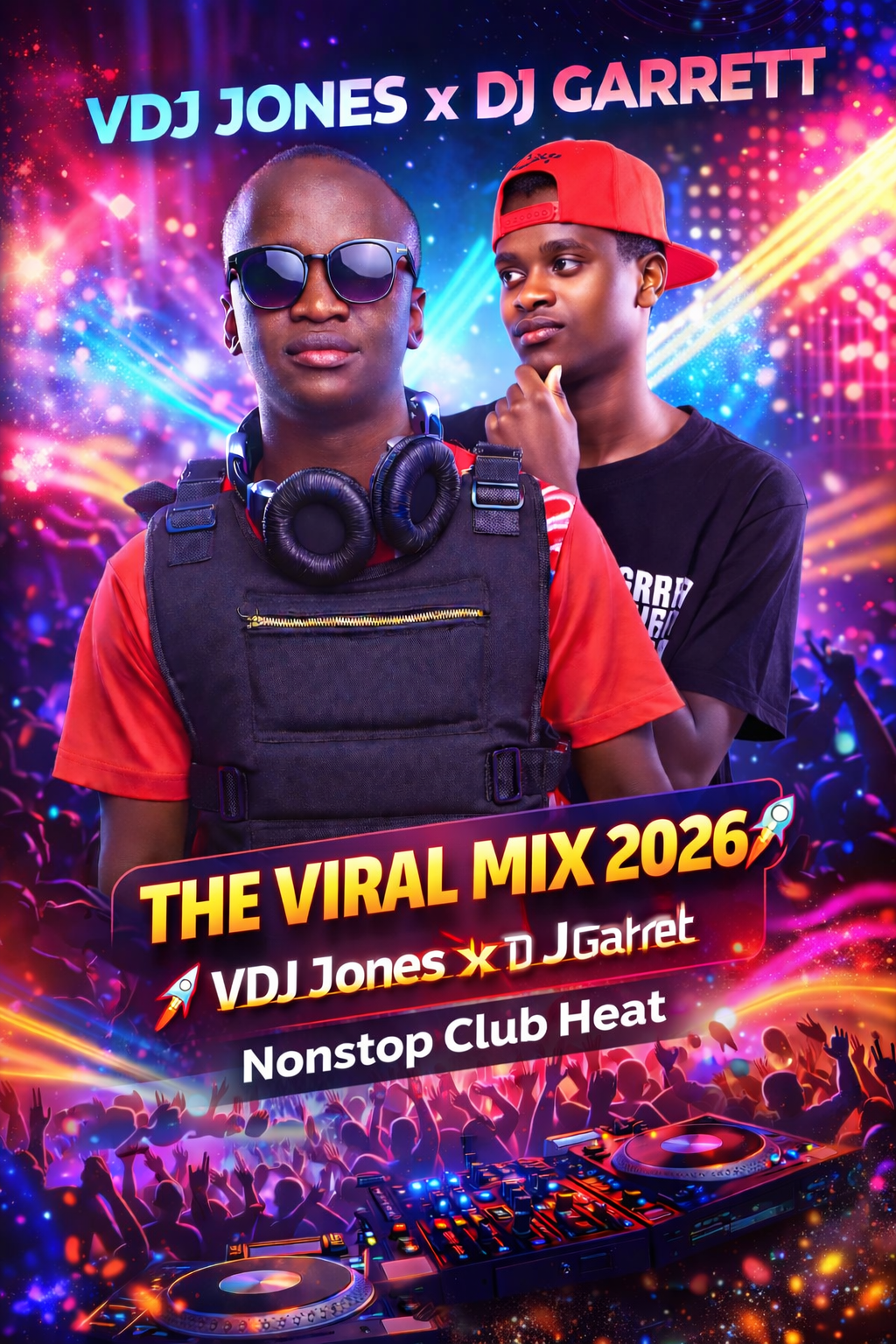 VDJ Jones and DJ Garrett featured on The Viral Mix 2026 YouTube thumbnail with nonstop club hits and party music artwork.