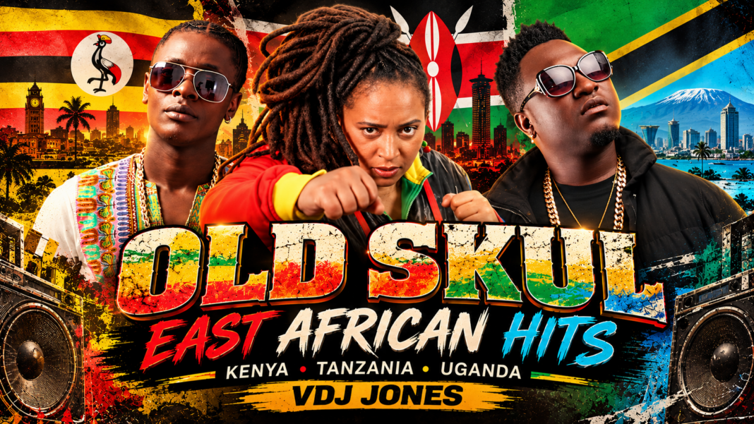 VDJ Jones Old Skul East African Hits Mix thumbnail featuring three artists and Uganda, Kenya and Tanzania flag colours.
